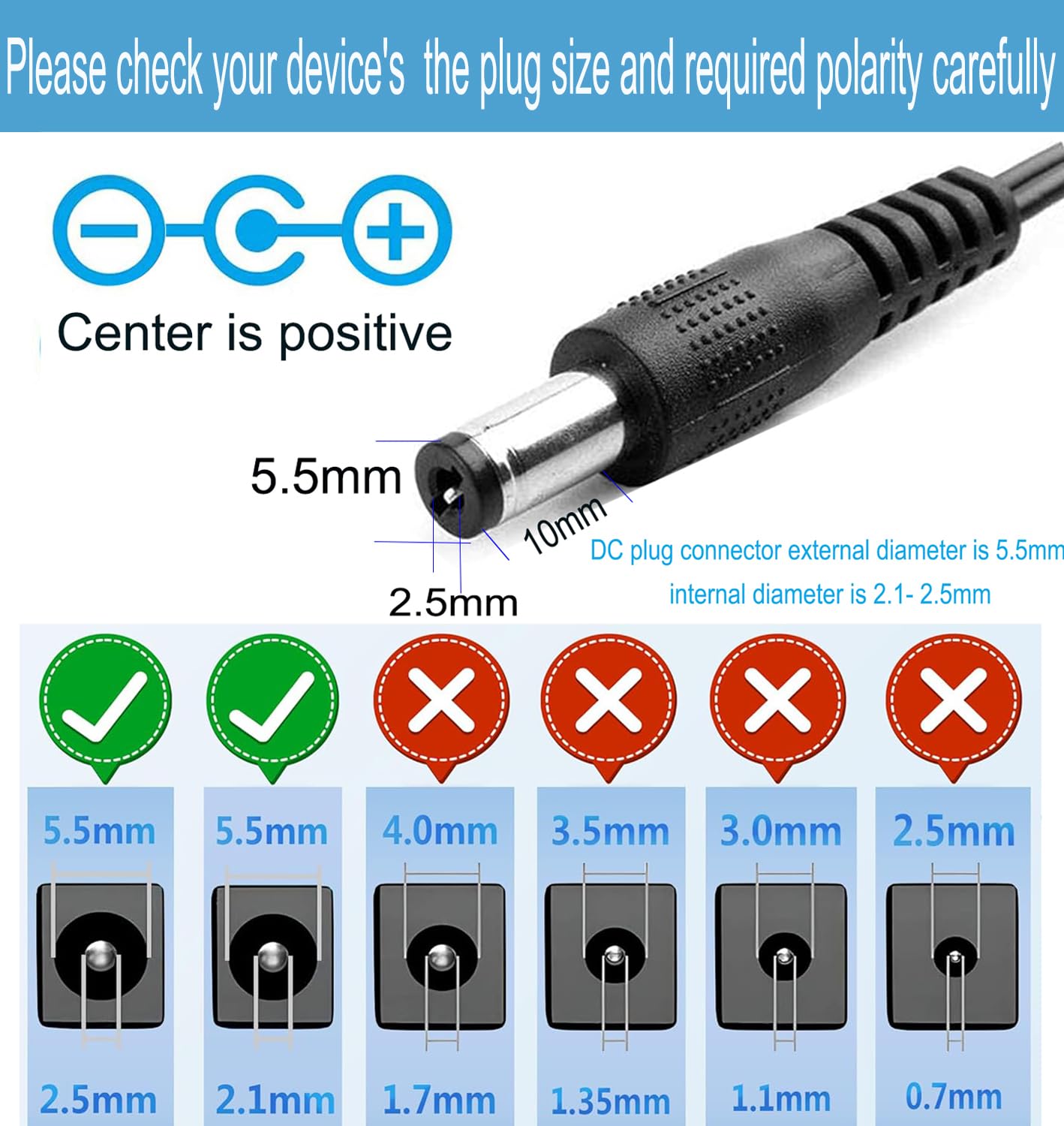 Adaptador de CA Negro para Tira de Luz LED, Cámara CCTV, Bomba de CC 24V 1A 24W Enchufe 5,5mm x 2,5mm