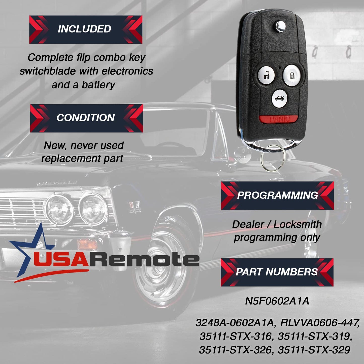 Car Key Fob Keyless Entry Flip Remote fits 2007-2013 Acura MDX RDX (N5F0602A1A)