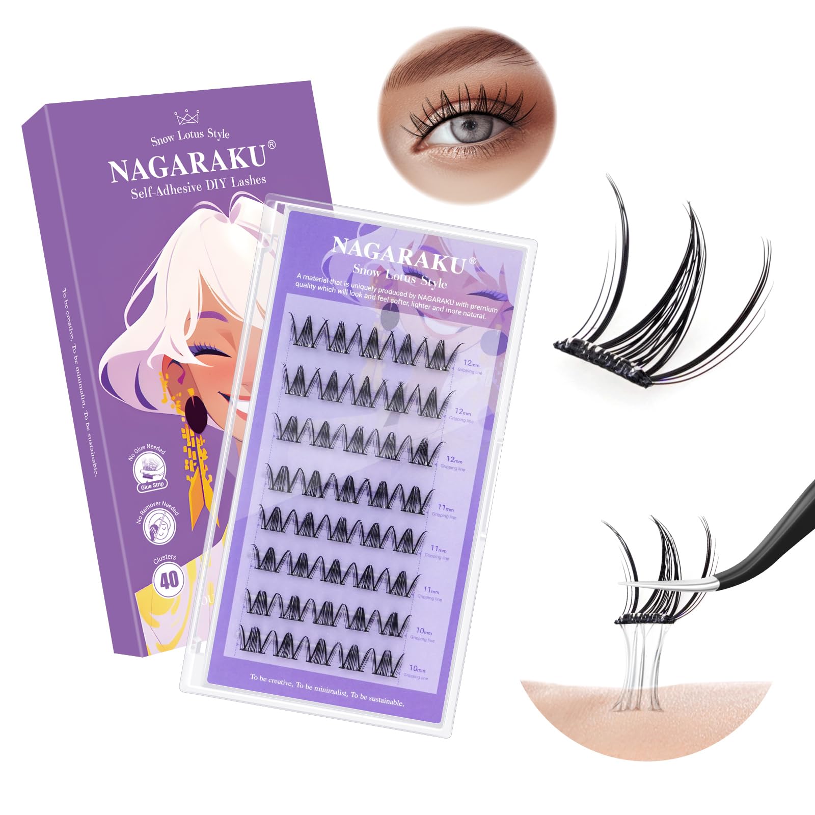 NAGARAKU Grupos De Pestañas Autoadhesivos Para 40 Pcs No Necesita Pegamento Ni Removedor Presión En Un Solo Paso Pestañas Reutilizables Prepegadas En Casa Loto de Nieve (SA-13,0.07 C Curl 10-12mm)