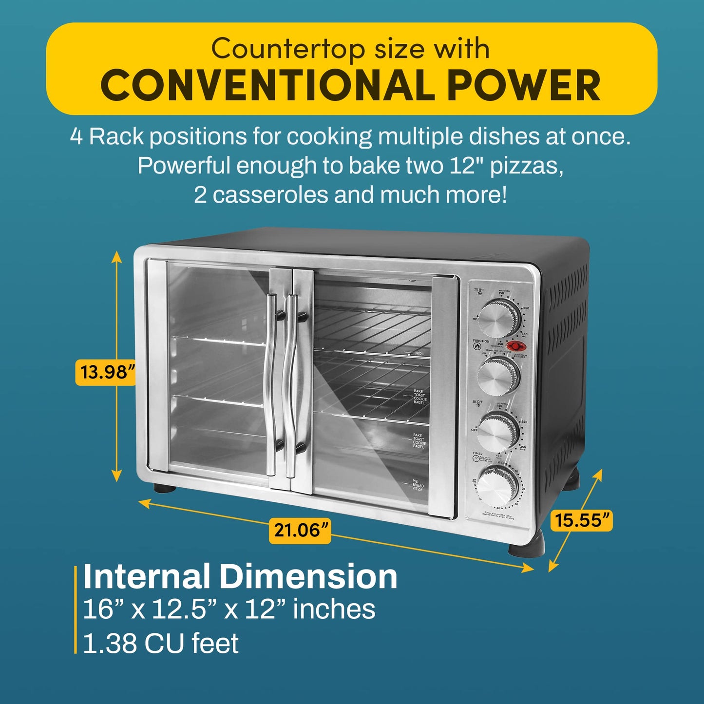 Elite Gourmet ETO4510B - Horno tostador de convección de doble puerta francesa, 4 perillas de control, para hornear asador de tostadas para mantener el calor de 14 pulgadas, incluye 2 estantes …