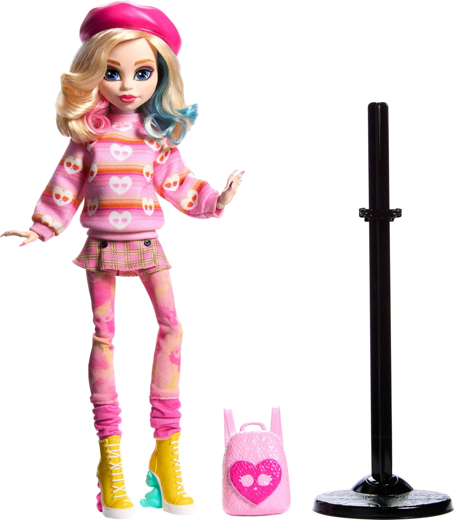 Muñeca Monster High Wednesday en Rosa con Boina y Mochila, Enid Sinclair Coleccionable con Soporte