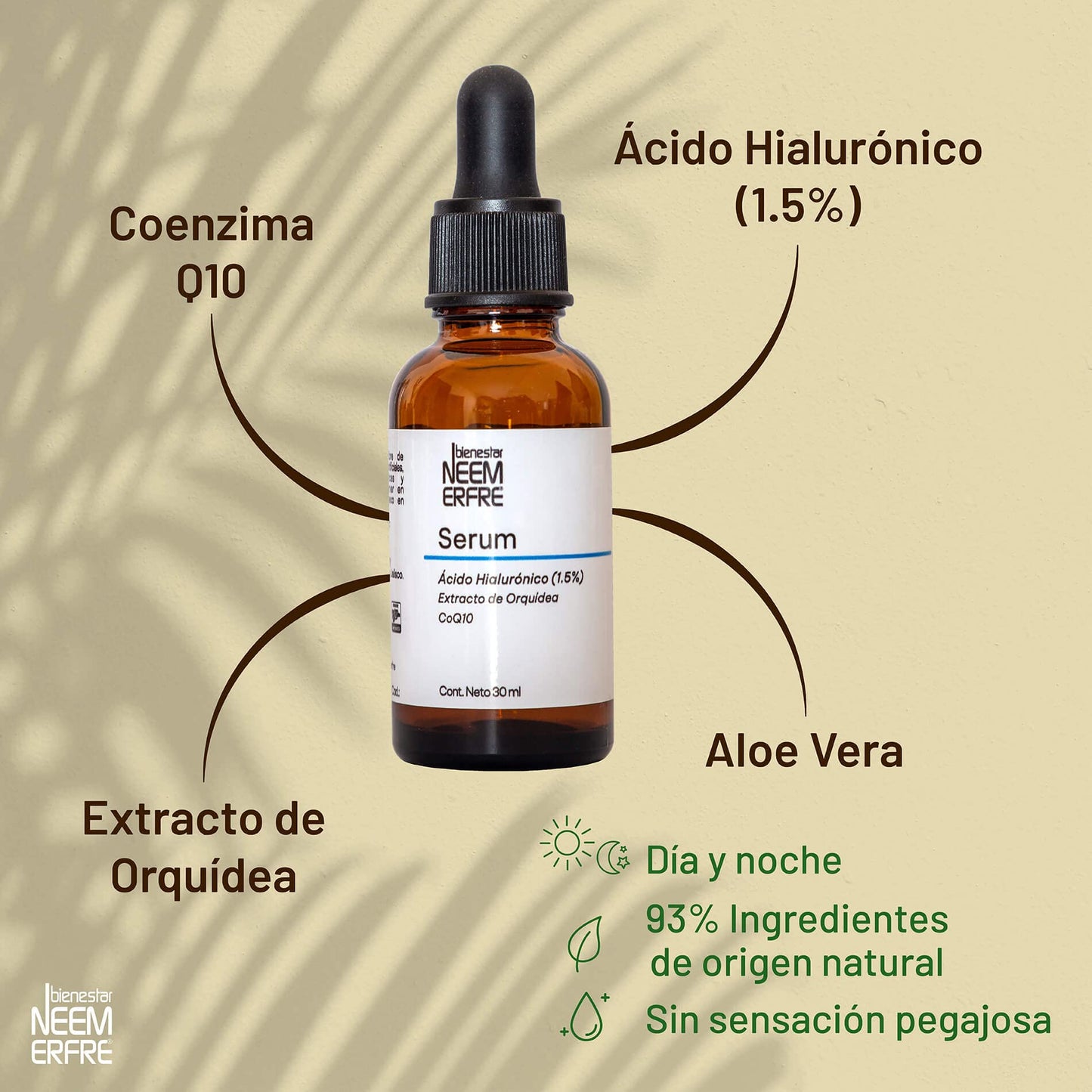 bienestar NEEM ERFRE Serum de Ácido Hialurónico al 1.5% + Coenzima Q10 + Escualano + extracto de orquídea | 93% ingredientes de origen natural | Hidrata y revitaliza tu piel, rápida absorción | 60ml (Paq de 2)