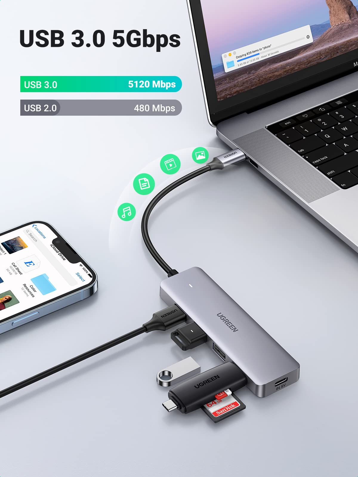 Adaptador USB C UGREEN Plata con 4 Puertos USB 3.0 para Dispositivos Tipo C
