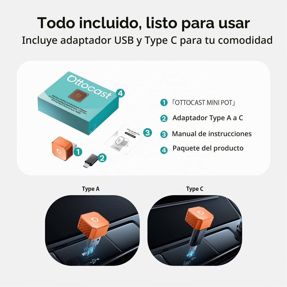 Adaptador Inalámbrico 2-en-1 OTTOCAST 2025 Mini 3.0 para CarPlay y Android Auto