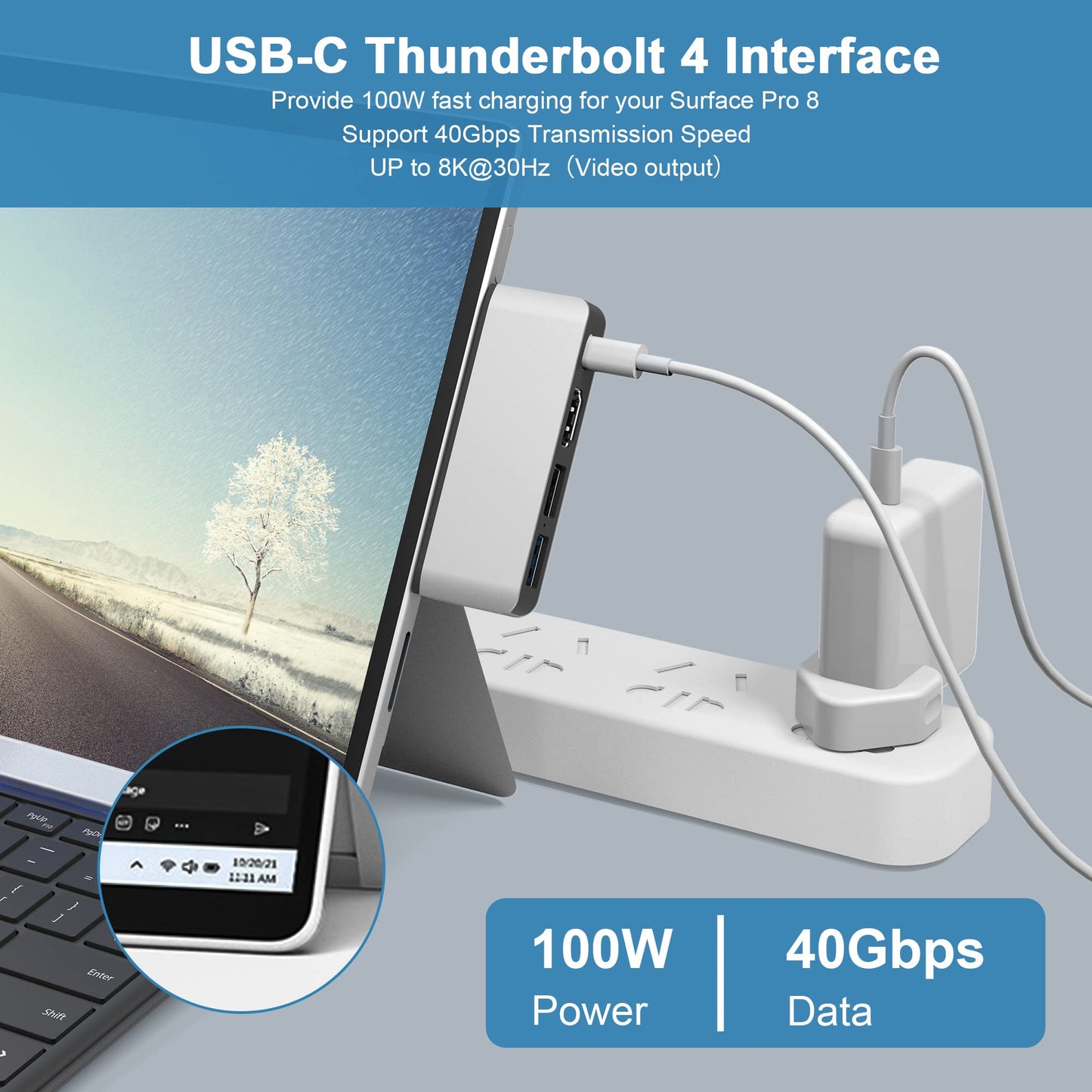 Adaptador de Concentrador USB C Microsoft Surface Pro 8 HDMI 4K y Thunderbolt 4 para Monitor Dual