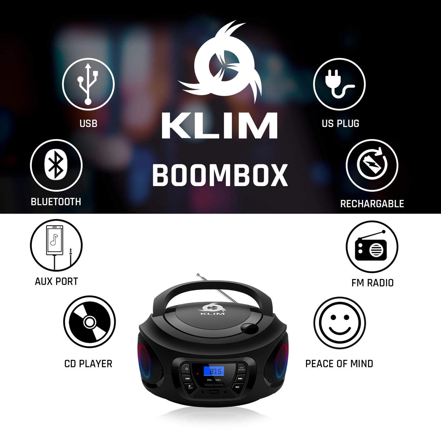 KLIM Boombox Sistema de Audio Portátil Radio FM, Reproductor de CD, Bluetooth, MP3, USB, AUX + Incluye Baterías Recargables + Modos Alámbricos e Inalámbricos , Negro (Reacondicionado)