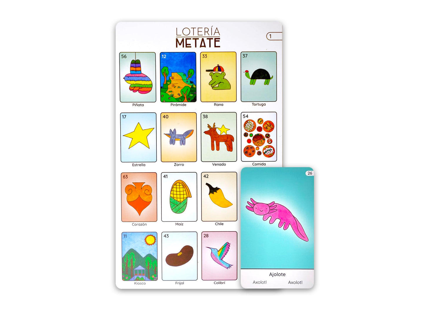 LOTERÍA METATE | Tesoros de México | Lotería Mexicana Familiar en español, náhuatl e inglés | 64 Cartas y 12 tableros