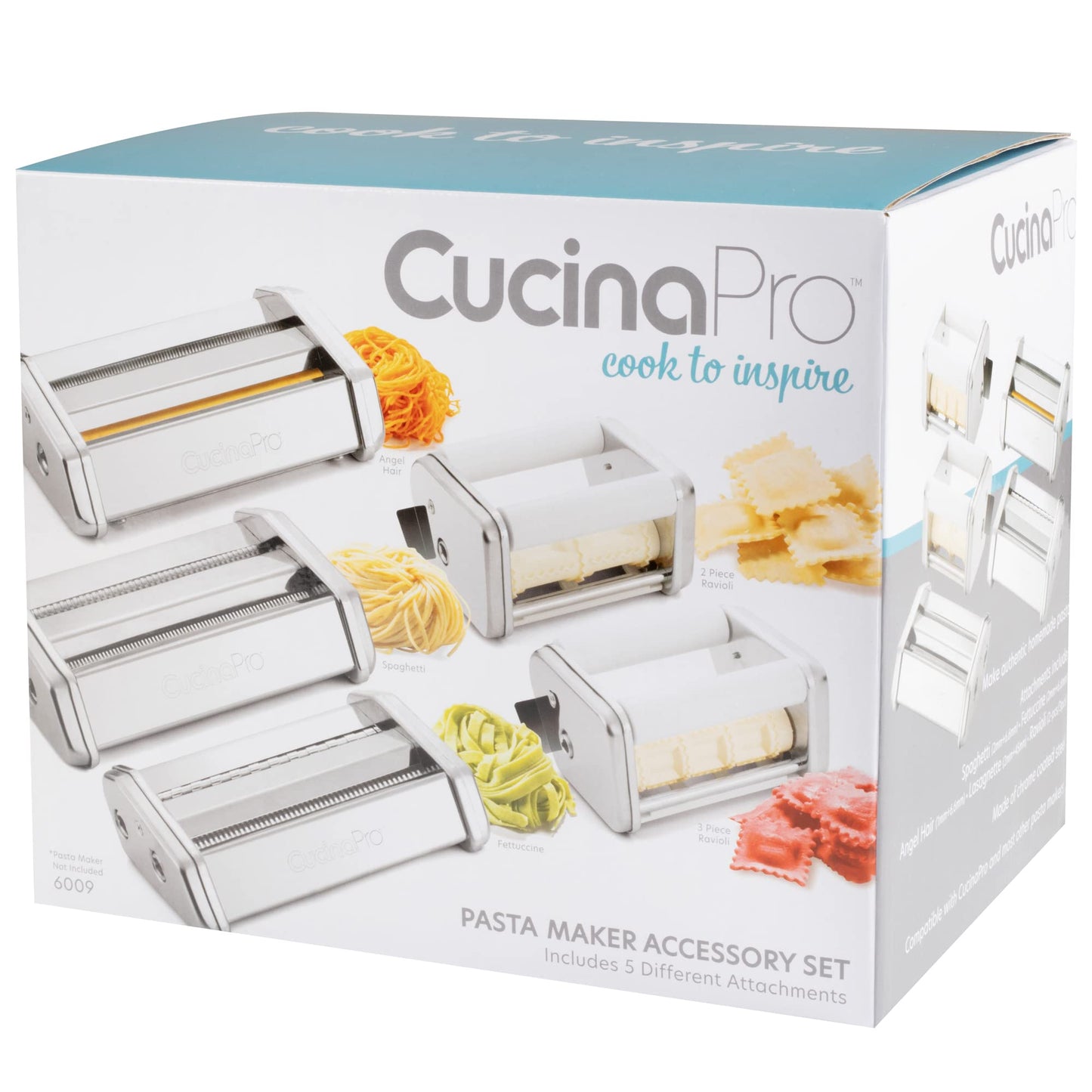 CucinaPro - Juego de accesorios para hacer pasta, 5 accesorios diferentes (espaguetis, pelo de ángel, rodillos fettuccini, cortador raviolis 2 y 3 piezas), acero chapado en cromo