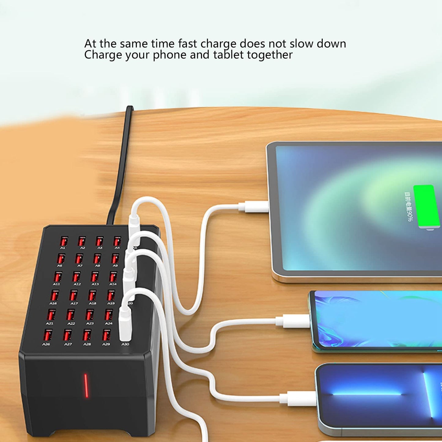 GLOGLOW Cargador USB Multipuerto, Salida de 1A a 2.4A Estación de Carga USB de 30 Puertos Reconocimiento de Carga Inteligente Ventilador Silencioso para Reuniones Familiares (Enchufe de
