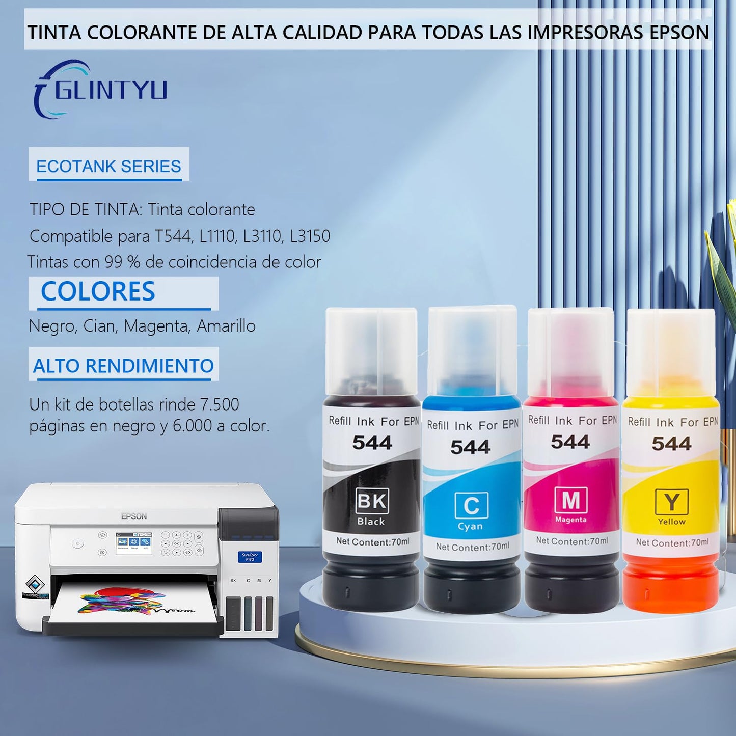 GLINTYU 4 Pack Botella Repuesto Tinta 544, Compatible con Tinta Epson 544, Negro, Azul, Rojo, Amarillo, Compatible para T544, L1110, L3110, L3150( 70 ml Cada una)