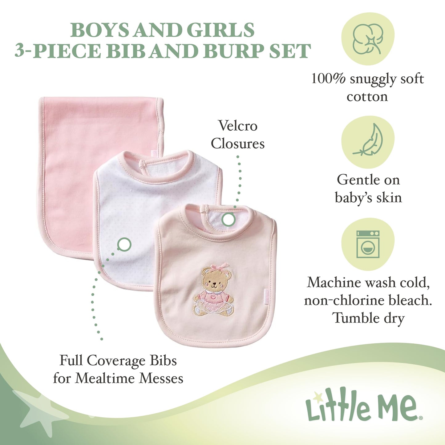 Little Me Conjunto de babero y eructo de 3 piezas para niña, Rosa, (Pink/Bear), Talla única