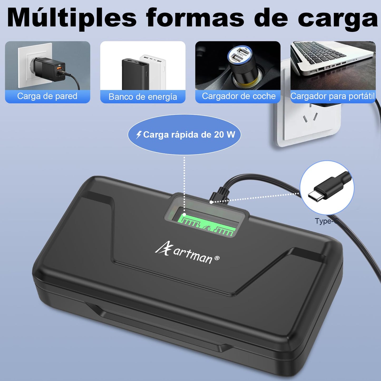 Artman EN-EL14 EN-EL14a Batería 1400mAh 2-Pack con USB-C 20W Fast Dual Channel Charge Case para Nikon D3100 D3200 D3300 D3400 D3500 D5100 D5200 D5300 D5500 D5600 DF Coolpix P7000 P7700 P7800 Cámaras