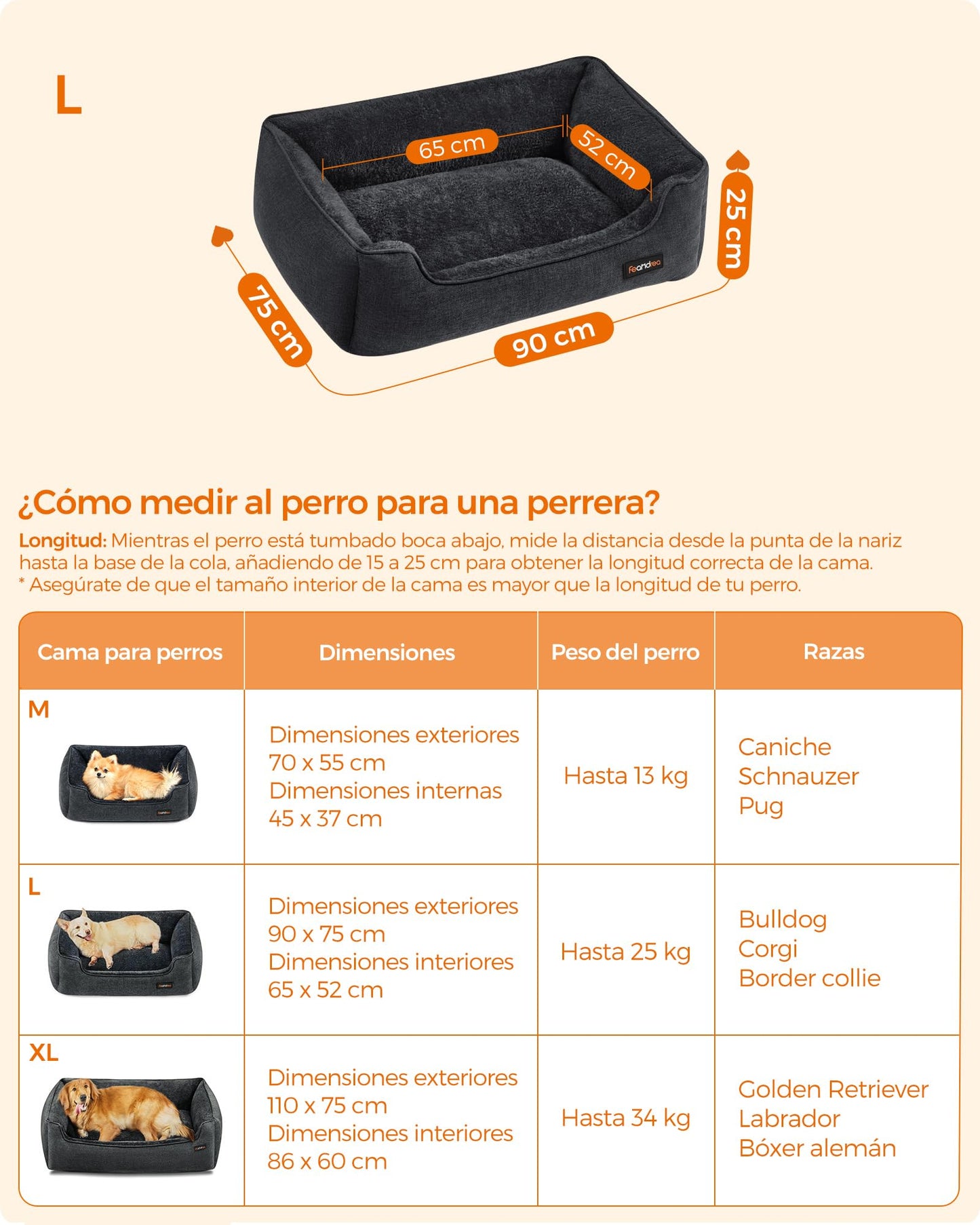 Feandrea Cama para Perros, Sofá para Mascotas, 90 x 75 x 25 cm, Bordes Elevados, L, para Perros Medianos, Gris Oscuro MPGW011G01