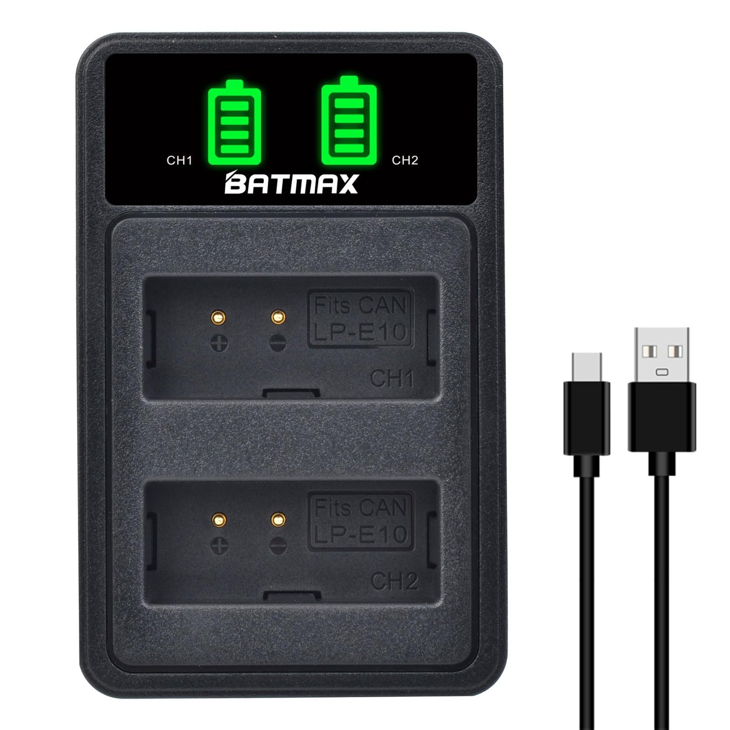 Batmax - Paquete de 2 baterías LP-E10 LP E10 + cargador USB dual LED con puerto tipo C para Canon EOS Rebel T3 T5 T6 T7, T100, EOS 4000D 2000D 1500D 1300D 1200D 1100D, Kiss X50 X70