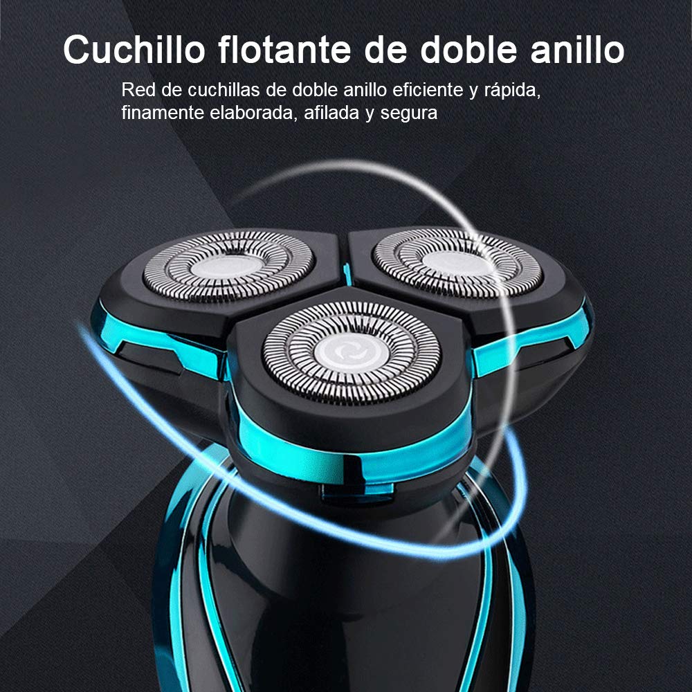 Afeitadora Eléctrica,Rasuradora Recargable Eléctrica para Hombre Rotativa,Afeitadora Recargable Multifuncional Rotativa con Cuchillo de Barba Tres en Uno Recortadora de Melena (Azul)
