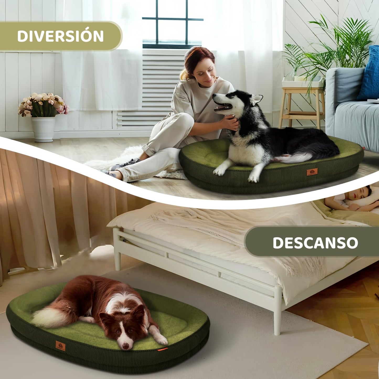 Cama Ortopedica para Perros, Cama para Perro Mediano y Pequeño, Cama para Perro Lavable con Cierre, Cama Antiestrés y Impermeable para Perros, Camita Con Almohada para Mascotas (Verde) (92*75*12.5cm)