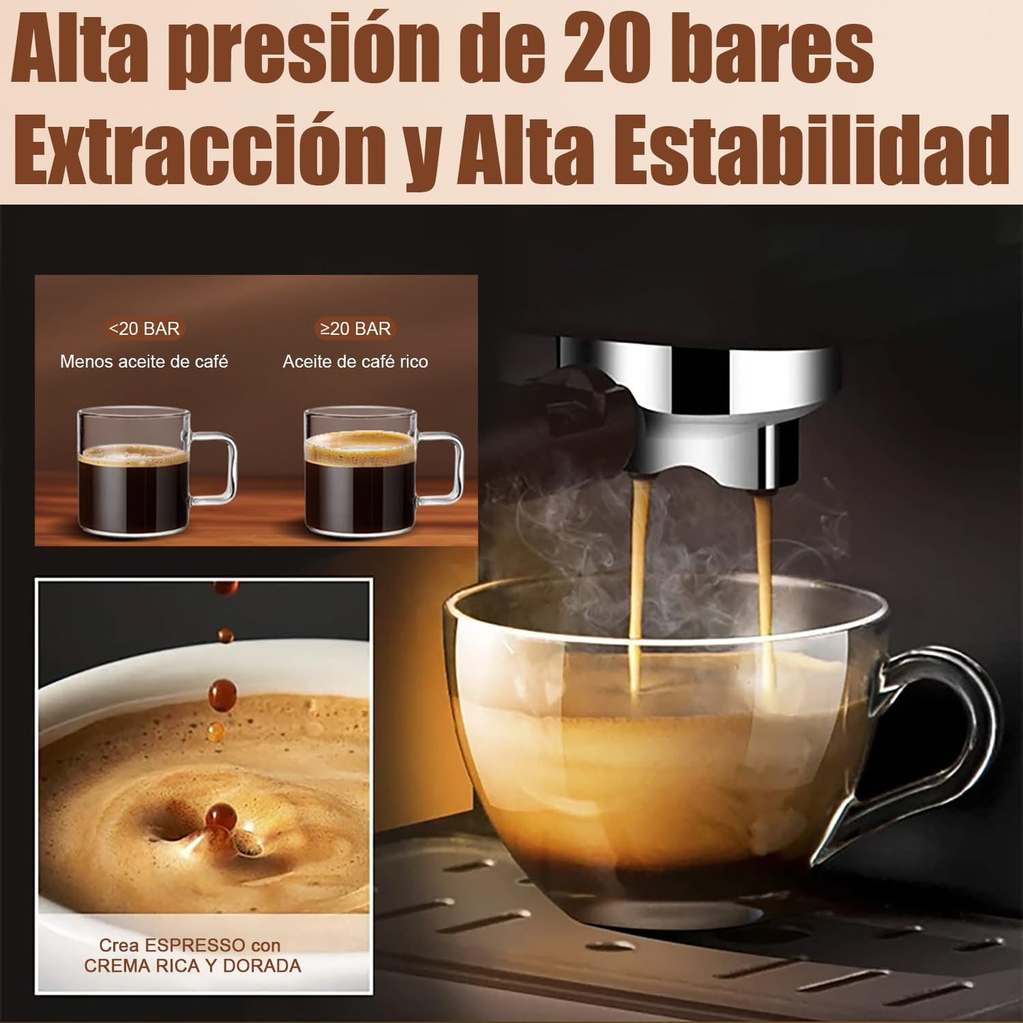 Cafetera Automática de Espresso,Cafetera Espresso y Cappuccino con Espumador de Leche, Pantalla Táctil Máquina de Café Profesional de Capuchinos Mocha y Latte, 1.7L, 20 Bares, 850W