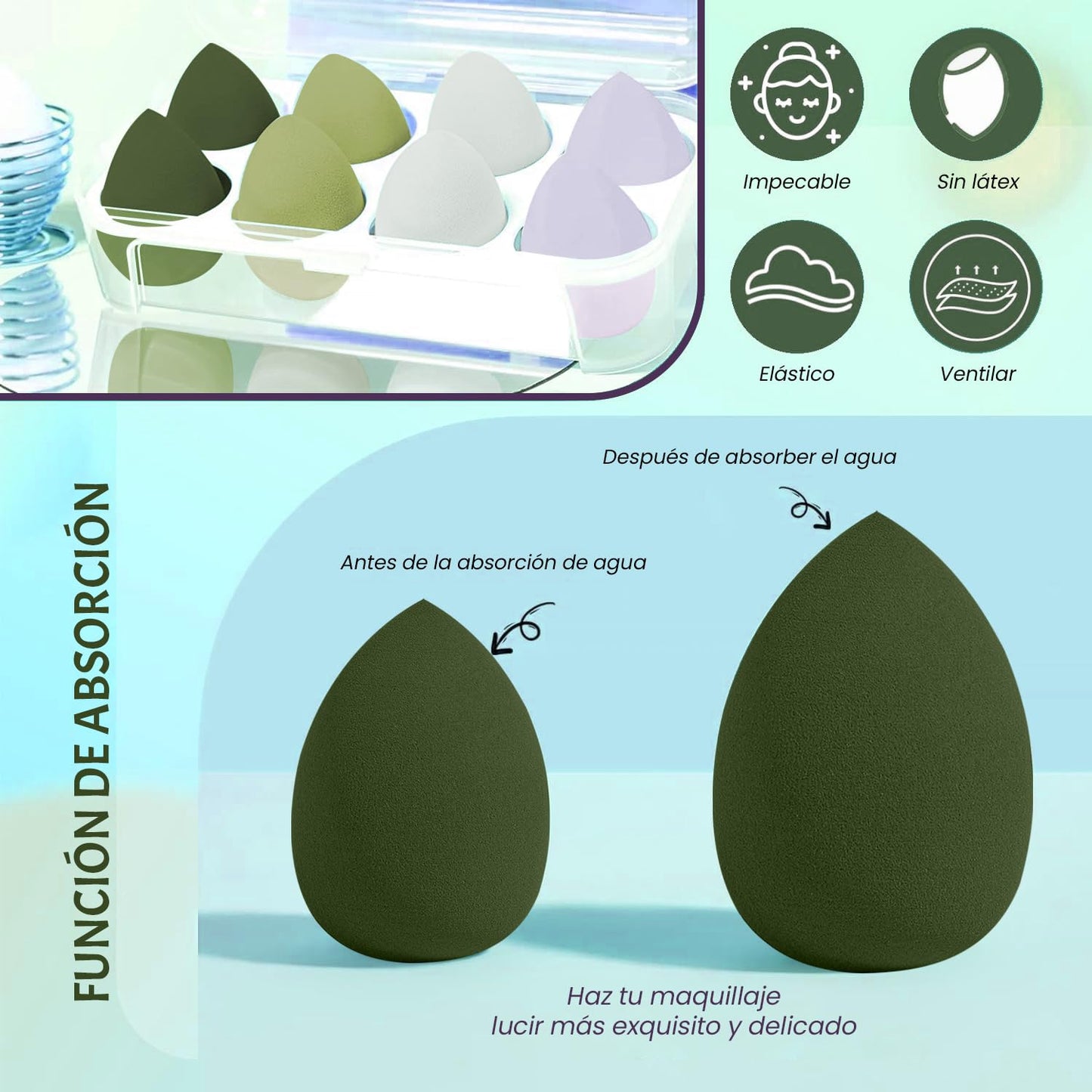 Set de 8 esponjas de maquillaje en 3 formas | Beauty Blender para aplicación en piel seca y húmeda | Esponjas faciales de maquillaje en color verde | Kit profesional para maquillaje completo