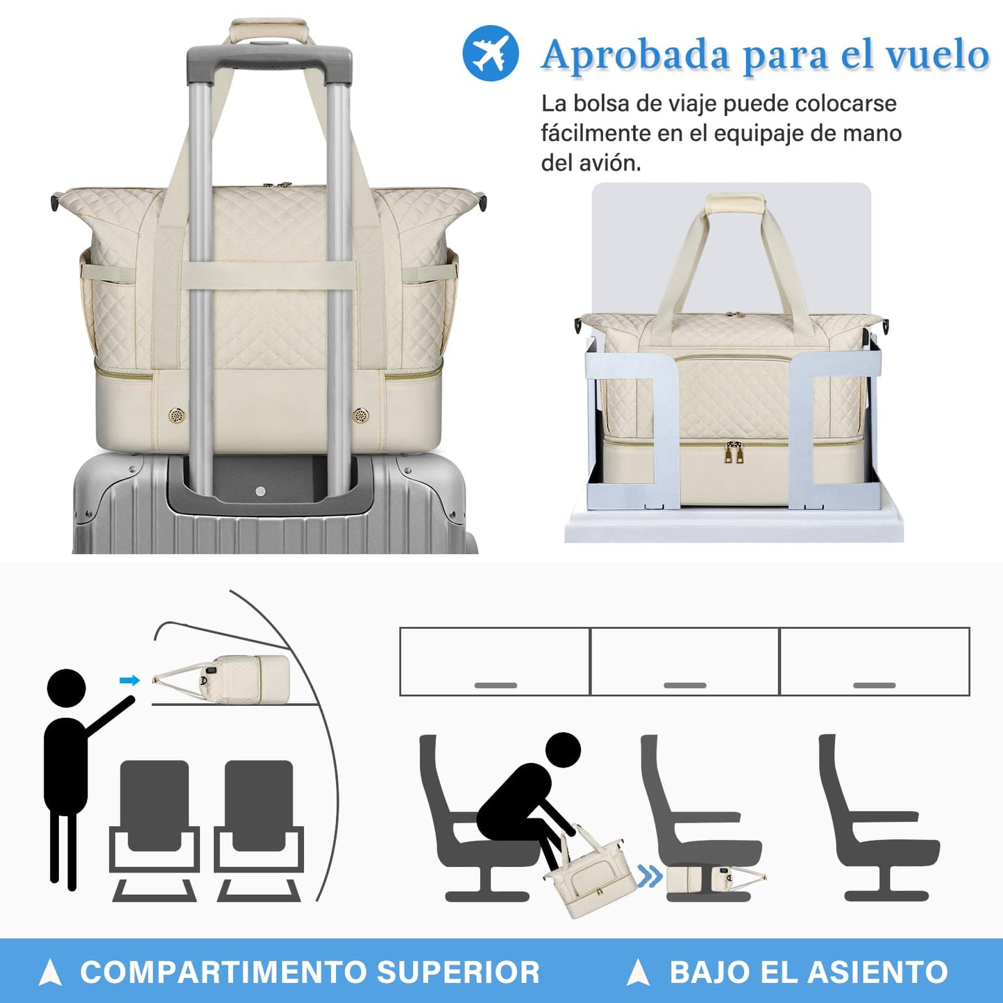 Bolsa de Viaje SDYSM Beige con Puerto USB y Compartimento para Zapatos para Hombre y Mujer