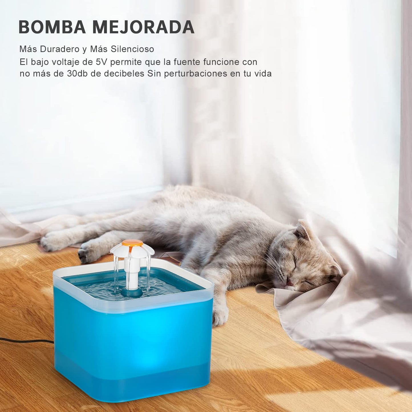 Fuente de Agua para Gatos, Fuente para Gatos Ultra Silenciosa con luz LED, Fuente de Agua para Mascotas con Capacidad de 2 l con Filtro, Dispensador Automático de Agua Potable para Gatos y Perros