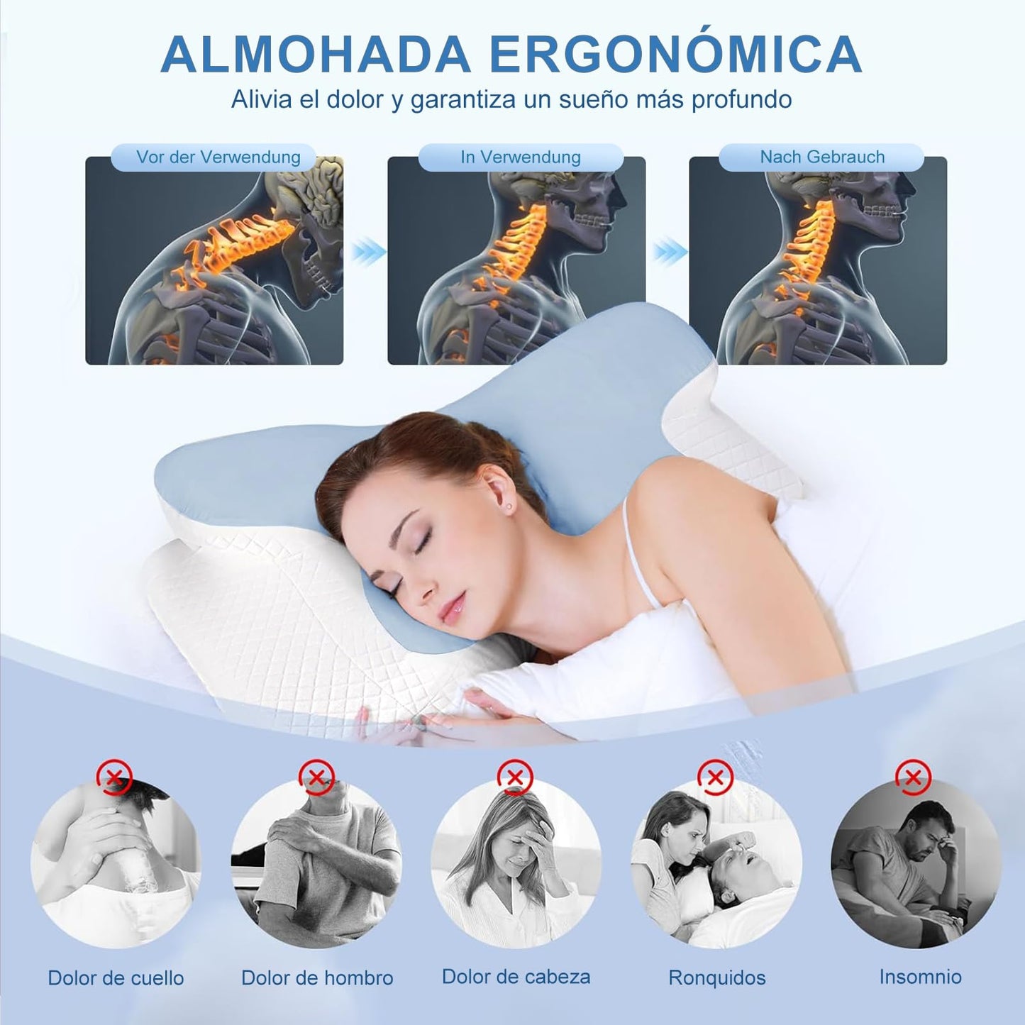 JeeLeeko Almohada Cervical de Espuma con Memoria 2en1 Almohada Ortopédica Ergonómica para Dolor de Cuello y Soporte Contorneado para Dormir de Lado, Espalda o Estómago (Embalaje Normal, Azul)