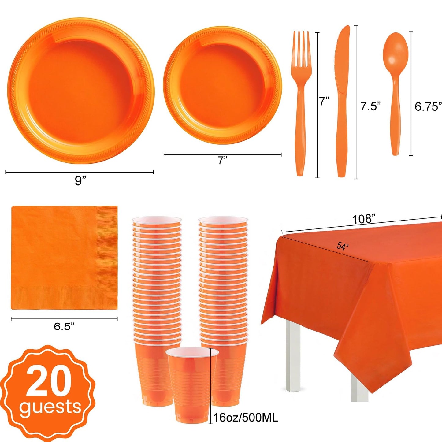 Juego de vajilla de fiesta, platos x 40, tazas x 20, servilletas x 20, cuchillos, tenedores y cucharas x 20, manteles 2 uds, Adecuado para bodas y fiestas de cumpleaños otras celebraciones (Naranja)