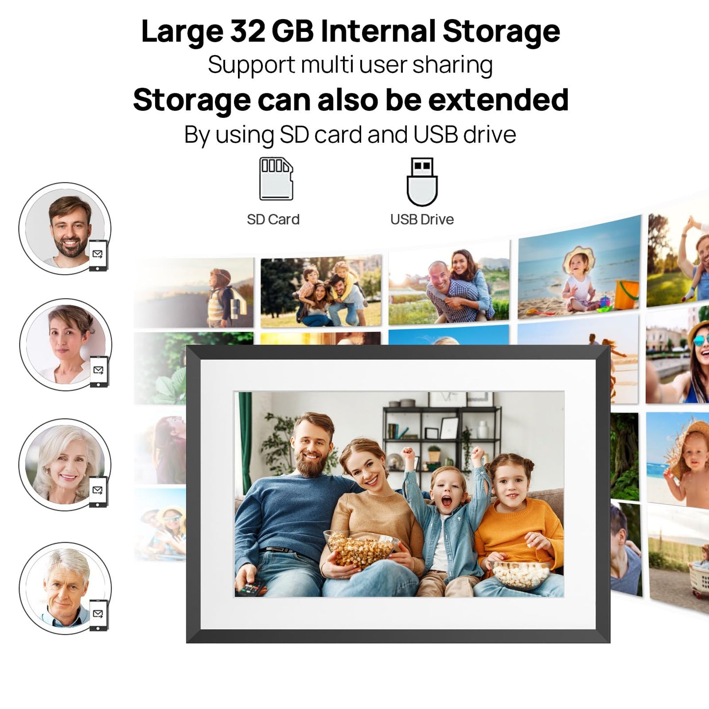 Marco de fotos digital WiFi de 32 GB de 25.65 cm con visualización táctil IPS HD de 1280 x 800, envía fotos o videos a través de la aplicación o correo electrónico, compatible con unidad