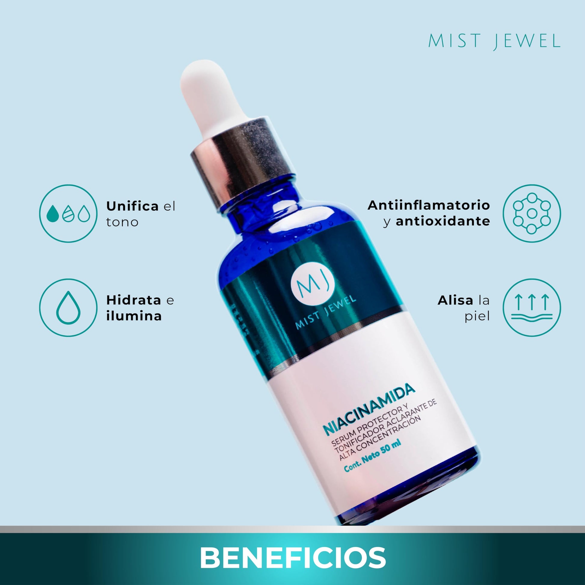 MIST JEWEL Suero facial Niacinamida, Vitamina E y Acido hialurónico tonificador aclarante y protector 50ml | Serum para hombres y mujeres cuidado facial regenerador potente e hidratante de alta efectividad