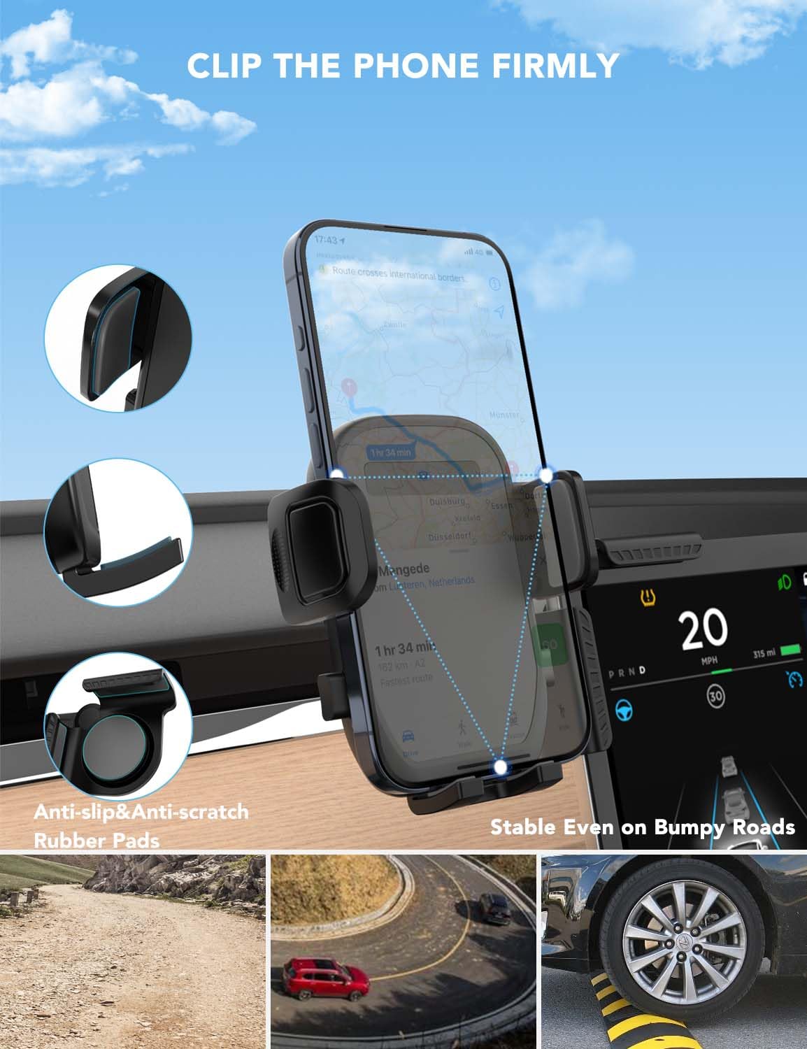 ANUEVE Soporte para Celular Automovil, Compatible con Tesla Model Y/3, Pantallas de Coche, Soporte Celular para Monitor, Porta Celular Auto con Montaje Fuerte y Ajustable para iPhone, Galaxy, Xiaomi