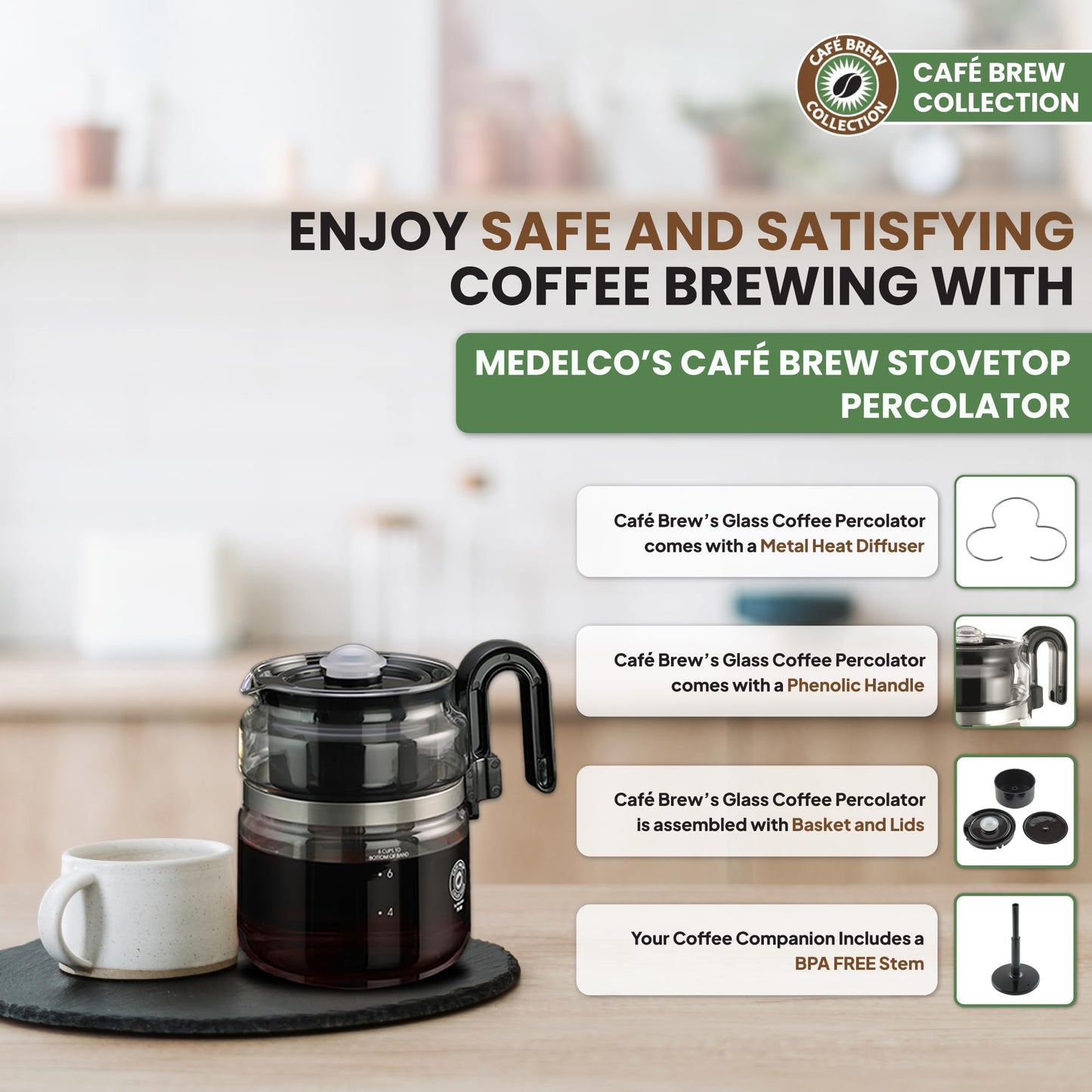 Café Brew Collection - Cafetera de vidrio de 8 tazas - Percolador de café de vidrio borosilicato, sin BPA, apto para lavaplatos, preparación en rangos eléctricos y de gas