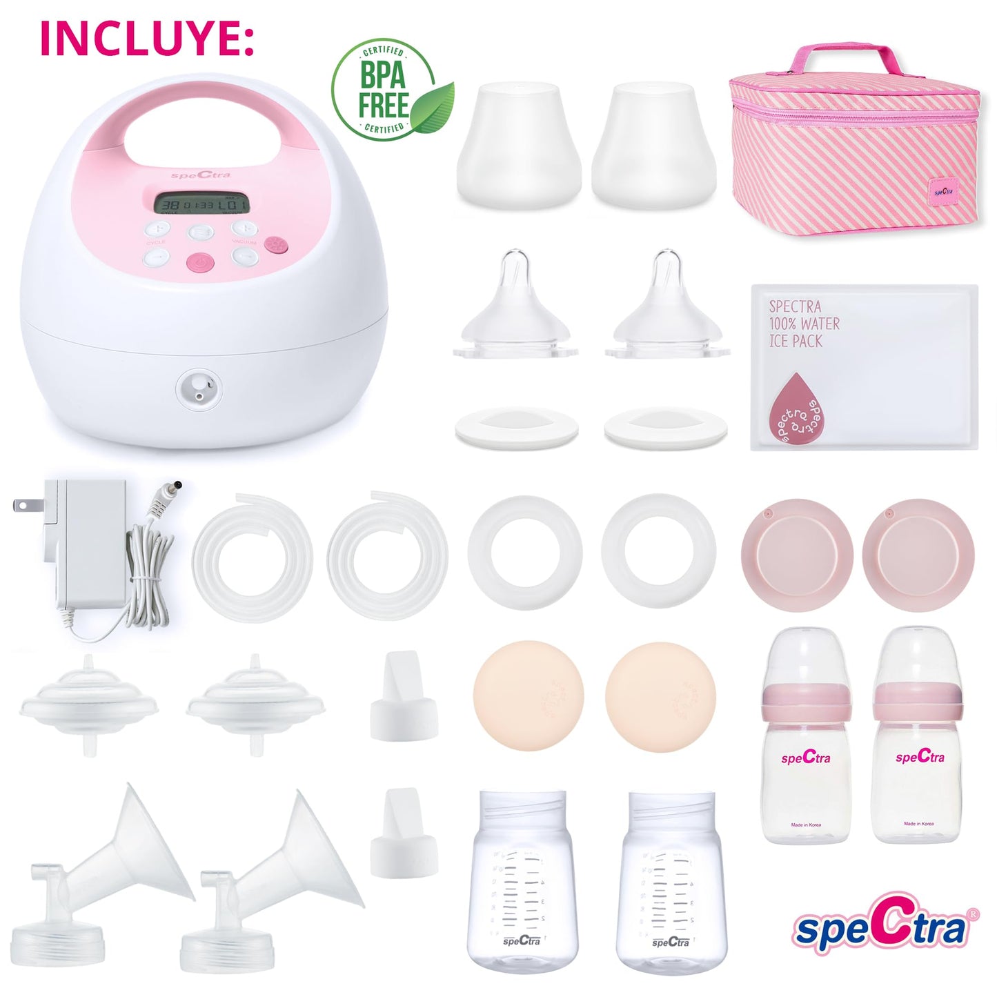 Extractor de Leche Eléctrico Doble Spectra S2 Plus Blanco con Sistema Cerrado y Bolsa Térmica