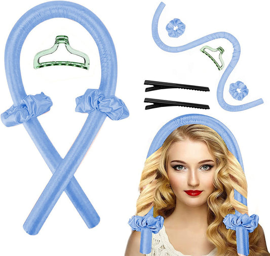 Rizos Sin Calor Cabello Largo, Rizador de Cabello Sin Calor con Pinzas para el Cabello y Coletero, Kit de Herramientas para Peinar el Cabello de Seda Suave, Sin Daños, Sin Calor (Azul)