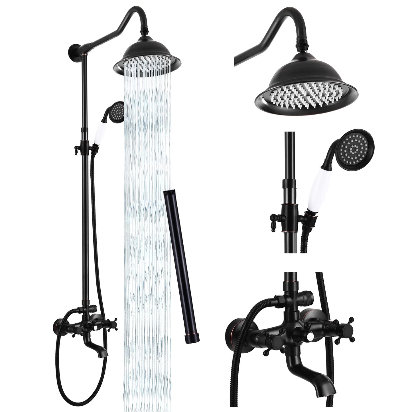Juego de sistema de ducha expuesto de bronce aceitado para grifo de ducha 8 duchas de lluvia, 2 pomos dobles, mango de triple función, boquilla de tina, juego de unidad combinada de 12 pulgadas de extensión incluida