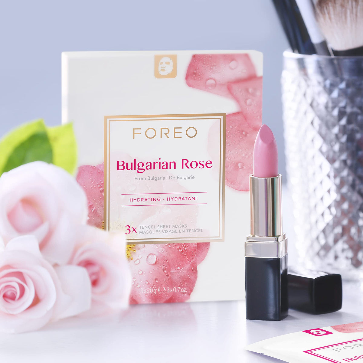 FOREO UFO Bulgarian rose, mascarilla facial activa para piel seca y apagada, pack de 3, calmante y revitalizante, con rosa búlgara y aceite de jojoba, cruelty free, compatible con UFO 2 y UFO