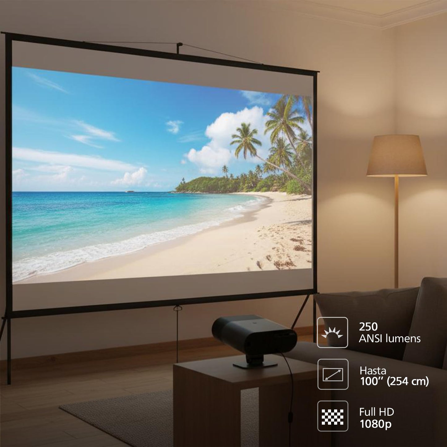 Philips, Neopix 160 Smart, Proyector de cine en casa, Full HD 1920 x 1080p, 250 lúmenes, Google TV, fuente de luz LED, soporte giratorio, Wi-FI 6, sonido estéreo de 2 x 5 vatios, negro.