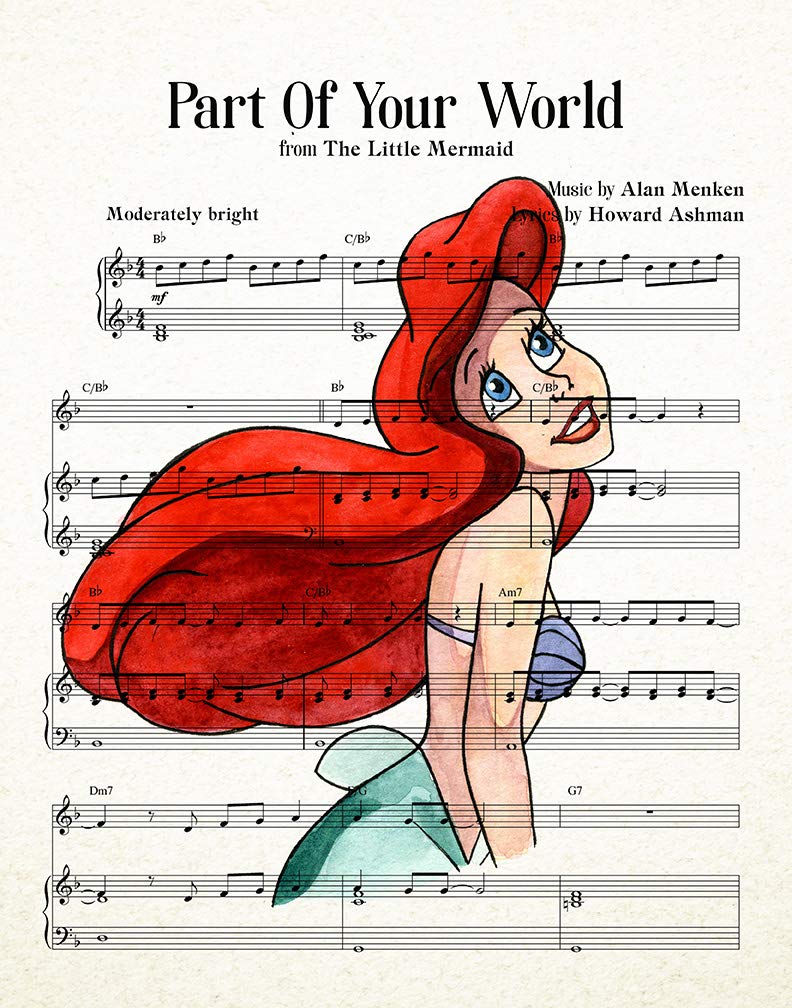 AtoZStudio Ariel Princess Poster // Nursery Wall Art Print // Music Sheet Picture // Baby Girl Room Decor // Birthday Gift // Artwork // Party Decoration // Baby Shower (8x10, Ariel)
