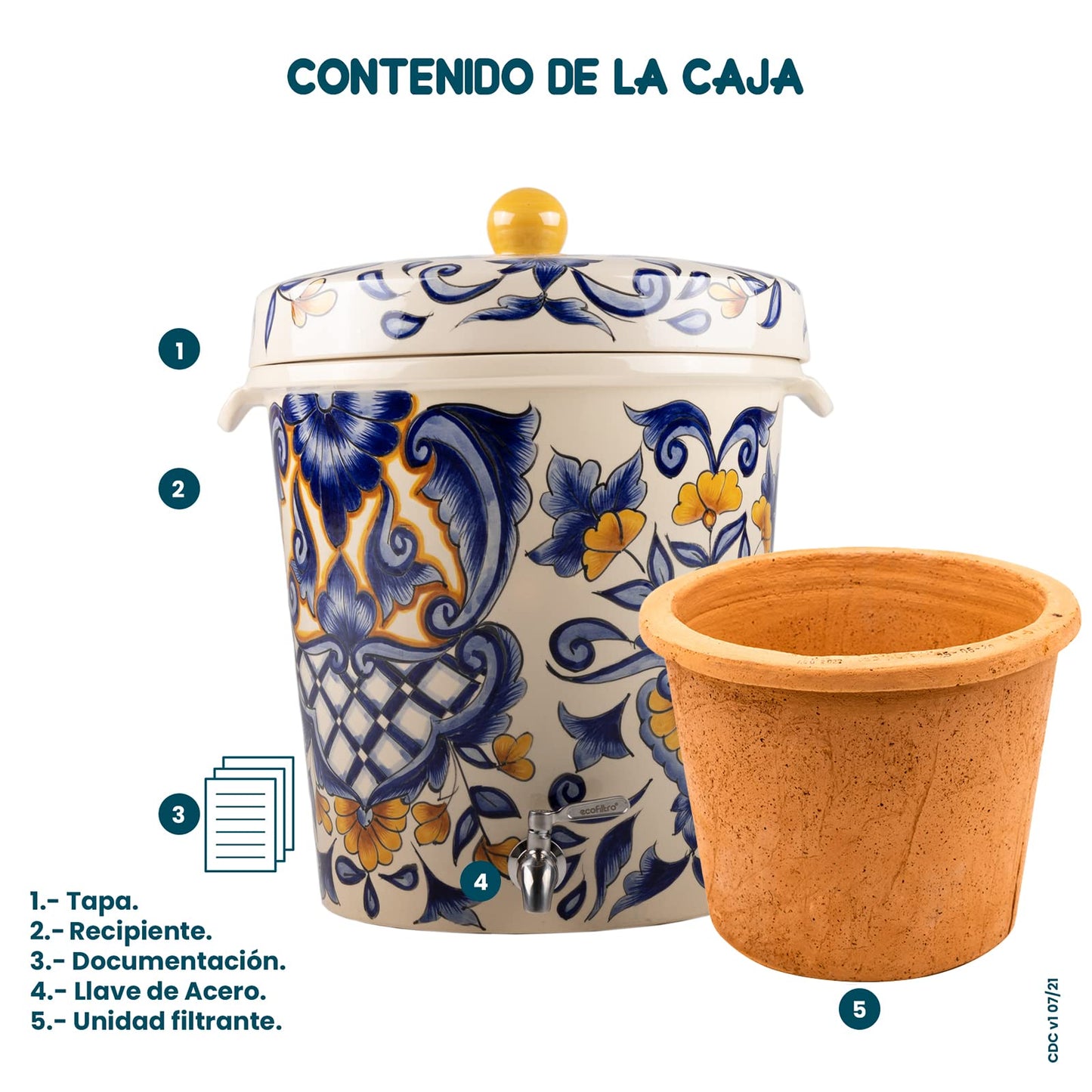 Ecofiltro Toma Agua Dona Agua | Ecofiltro Purificador Dispensador y Filtro de Agua Cerámica 8 Litros Edición Decorados Taxco Ecológico con Carbón Activado para Decoración de Casa, Oficina y Cocina