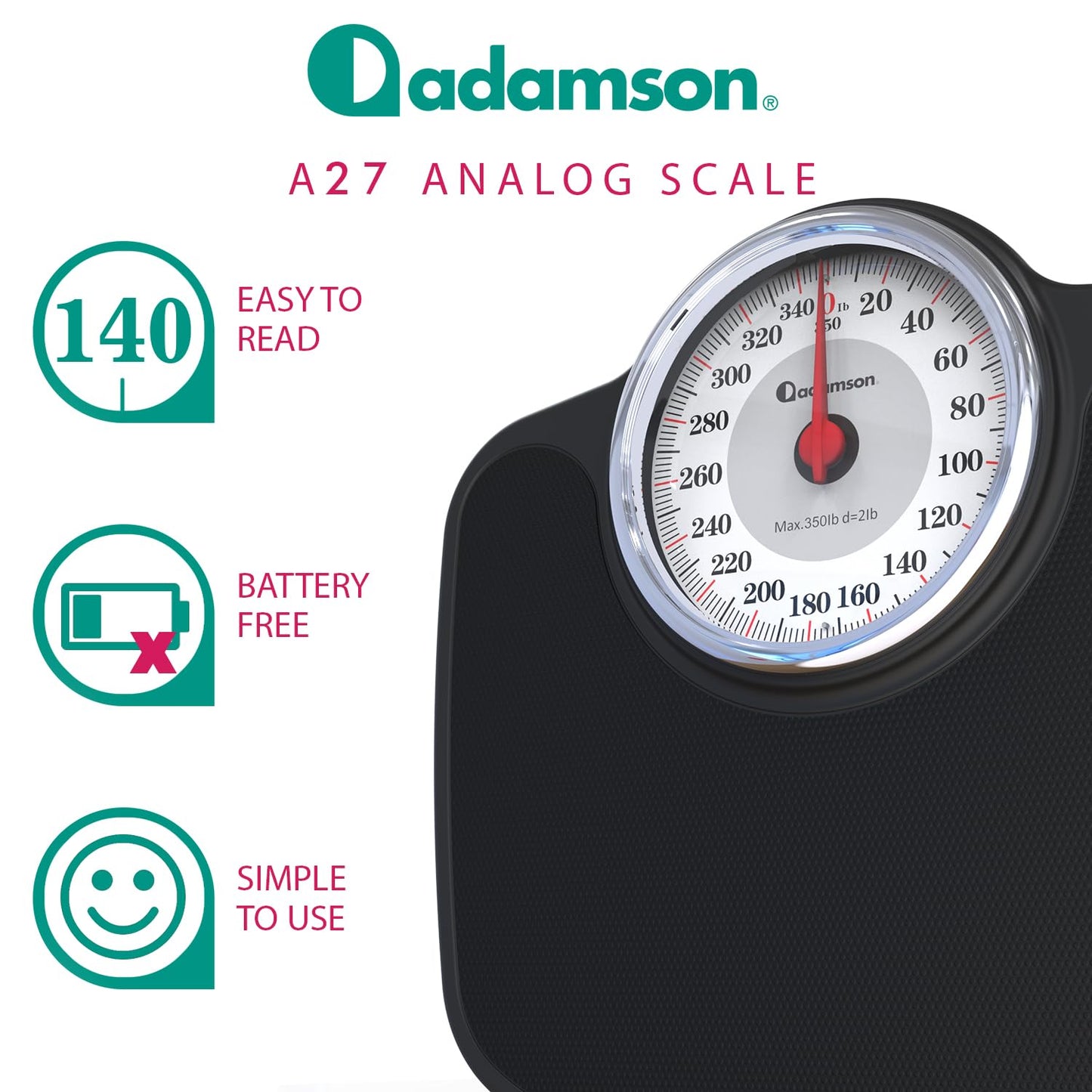Adamson - Báscula de gran tamaño A27 para peso corporal, hasta 350 libras, nueva versión, superficie de goma antideslizante, números extra grandes, báscula de baño de alta precisión, analógica,