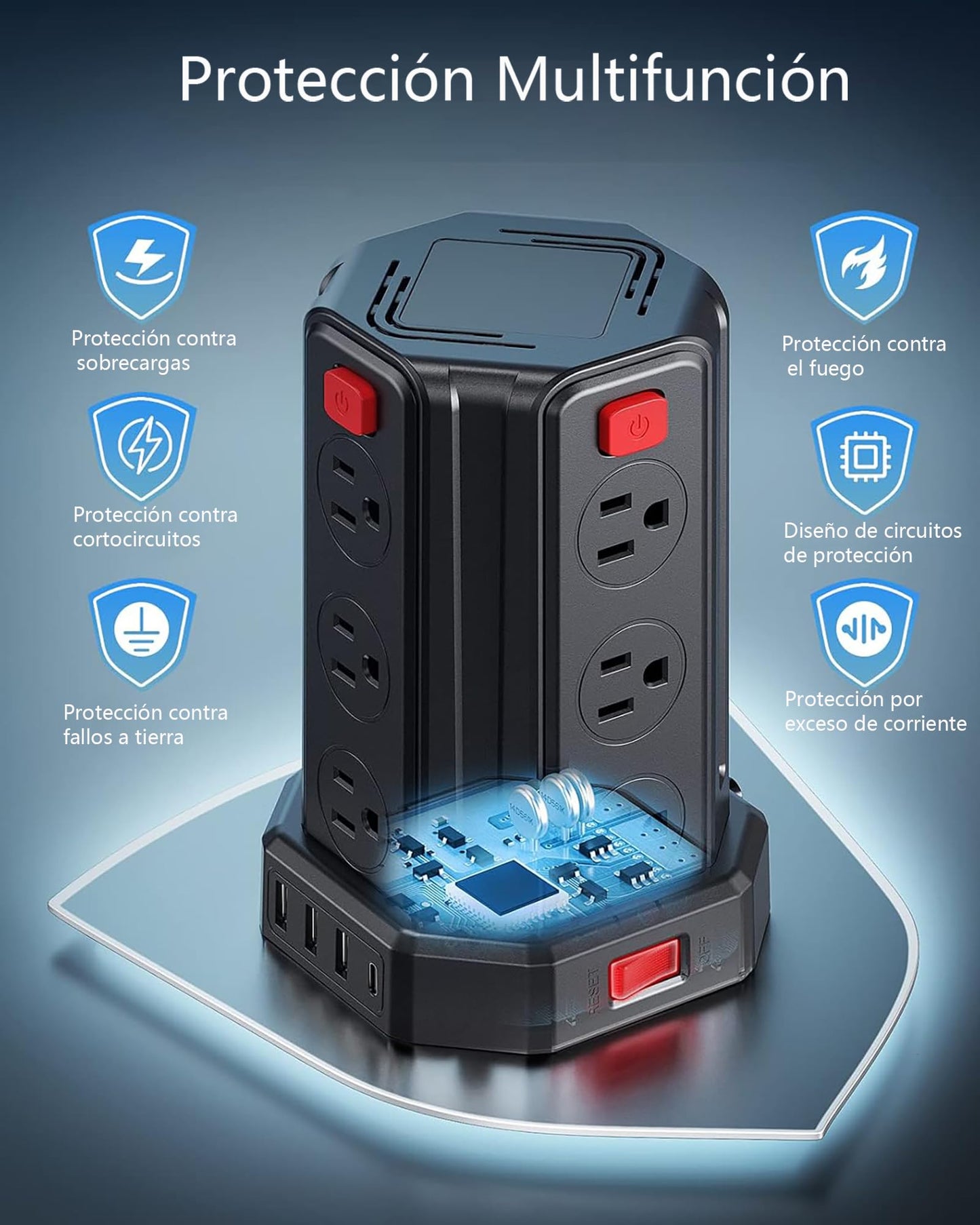 SMALLRT Torre Regleta Multicontacto Pared con 1700J Protector contra Sobretensión, Extension Electrica 3.04M, Conector Multiple con 12 Enchufes y 4 Puertos USB (1 USB C), Hogar Dorm Oficina, Negro