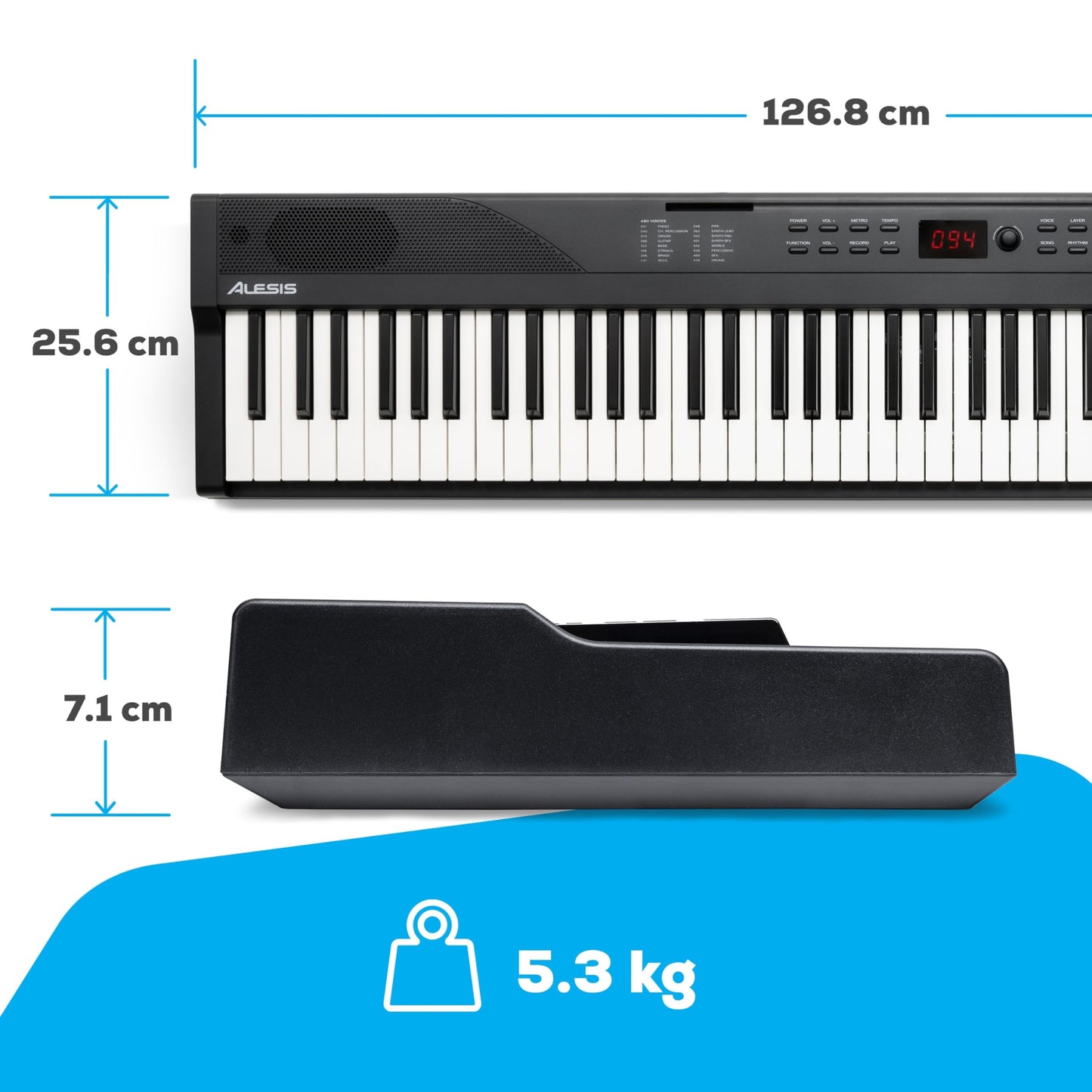Alesis Teclado Piano con 88 Teclas y 480 Sonidos, Altavoces, MIDI USB, Estuche, Soporte, Auriculares, Pedal y Lecciones de Piano Incluidas