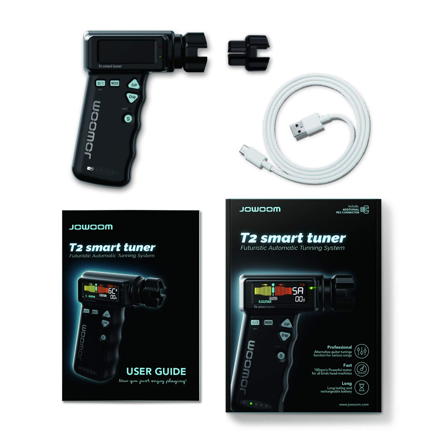 JOWOOM - T2 Afinador automático inteligente rápido para guitarras acústicas y ukulelele, con bobinador eléctrico de cuerdas de 180 rpm, seguro, grado profesional, batería recargable por USB, negro