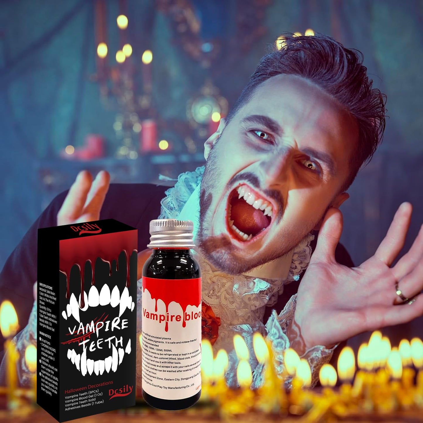 Dientes de Vampiro Svevno Blanco y Rojo con Adhesivo para Halloween