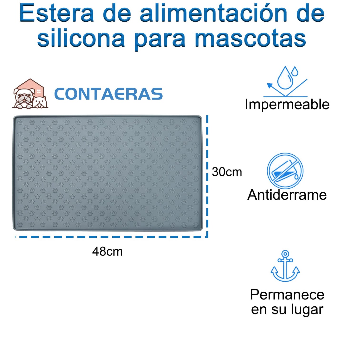 Tapete de Silicona CONTAERAS Gris Antidesbordamiento para Mascotas Pequeñas, Medianas y Grandes