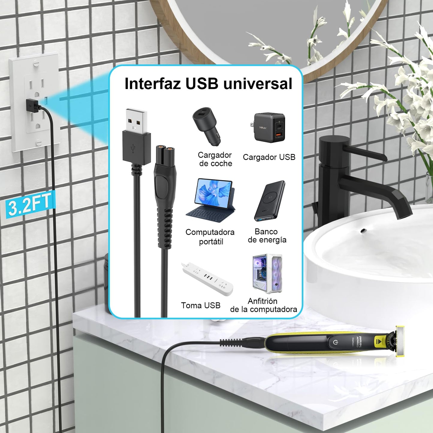 IBERLS Cargador Rasuradora para Philips Norelco OneBlade QP2724 QP2834 QP1924 X3001 X5006 MG5910 MG7910 MG9510 Cable de Carga USB Charger, Cepillo de Limpieza(2pack, 5V)