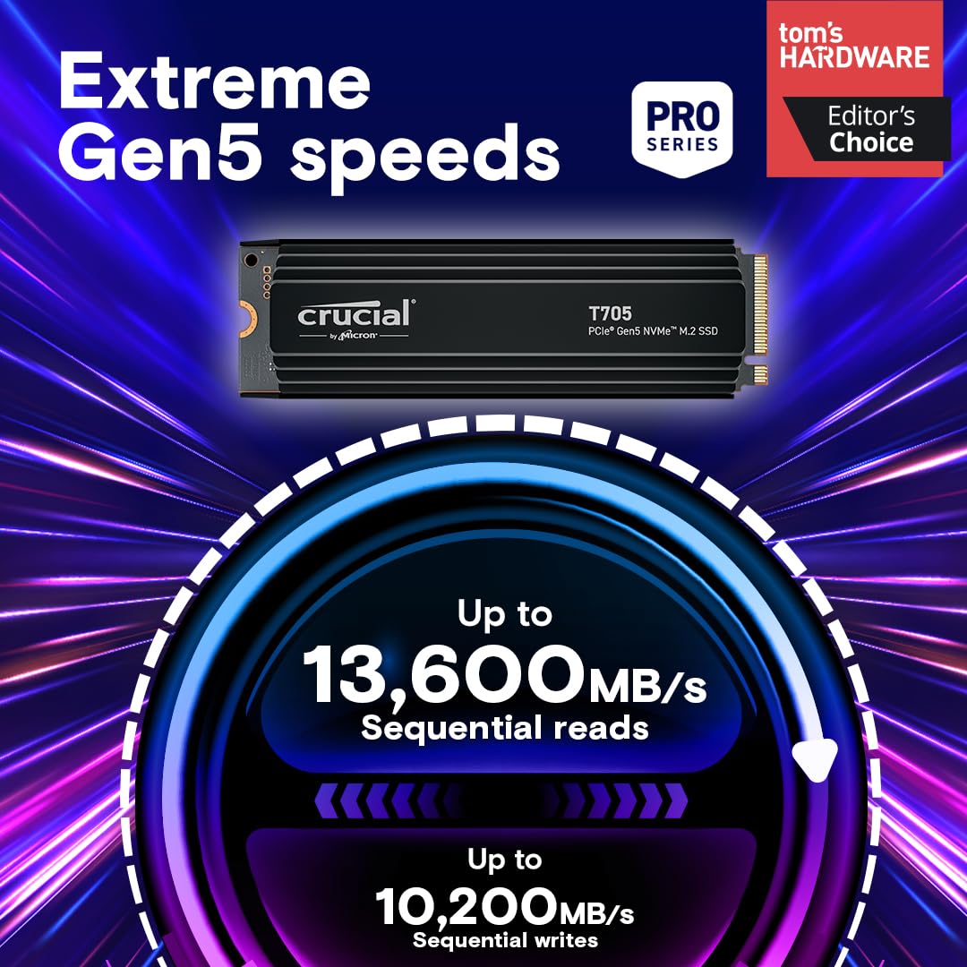 Crucial T705 1TB PCIe Gen5 NVMe M.2 SSD con disipador térmico - hasta 13.600 MB/s - Listo para Juegos - Unidad Interna de Estado sólido (PC) - +1mo Adobe CC - CT1000T705SSD5