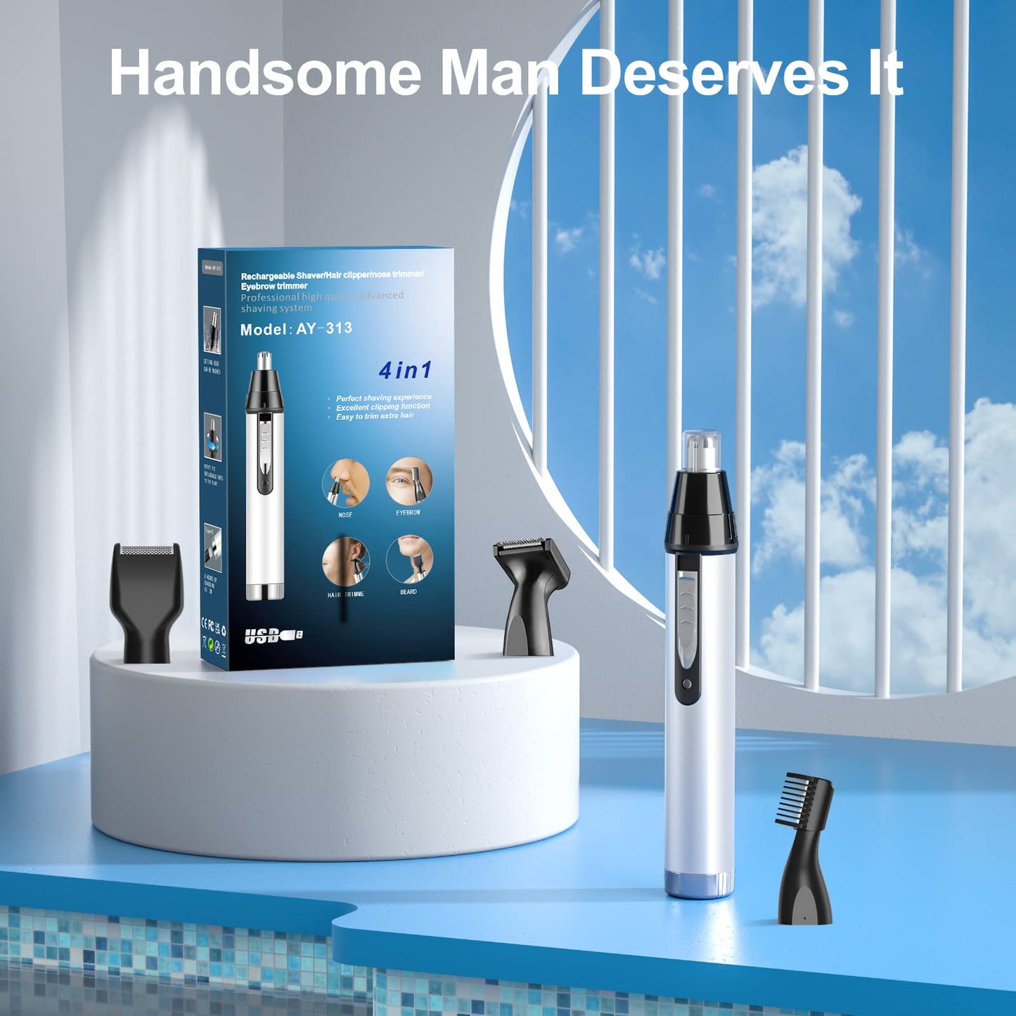 Ear and Nose Hair Trimmer for Men,Professional USB Rechargeable Nostril Nasal Hair Vacuum Cleaning System,4 in 1 Lightweight Waterproof Hair and Beard