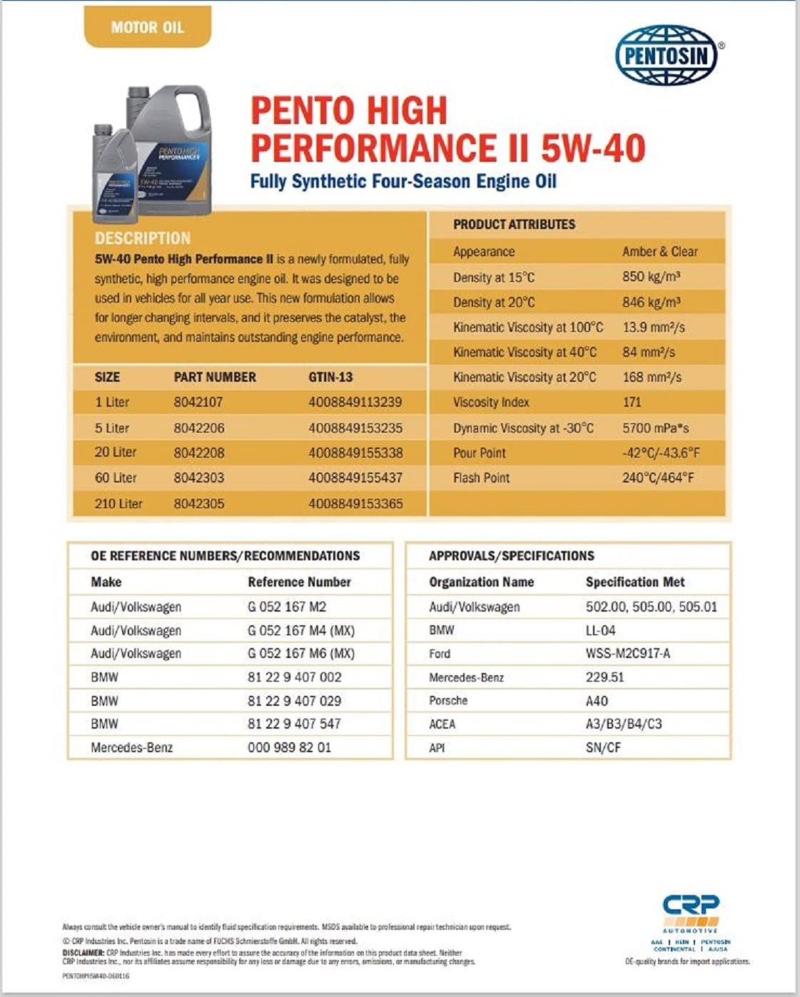 Aceite de Motor Pentosin 5W-40 Hp Ii 1 L