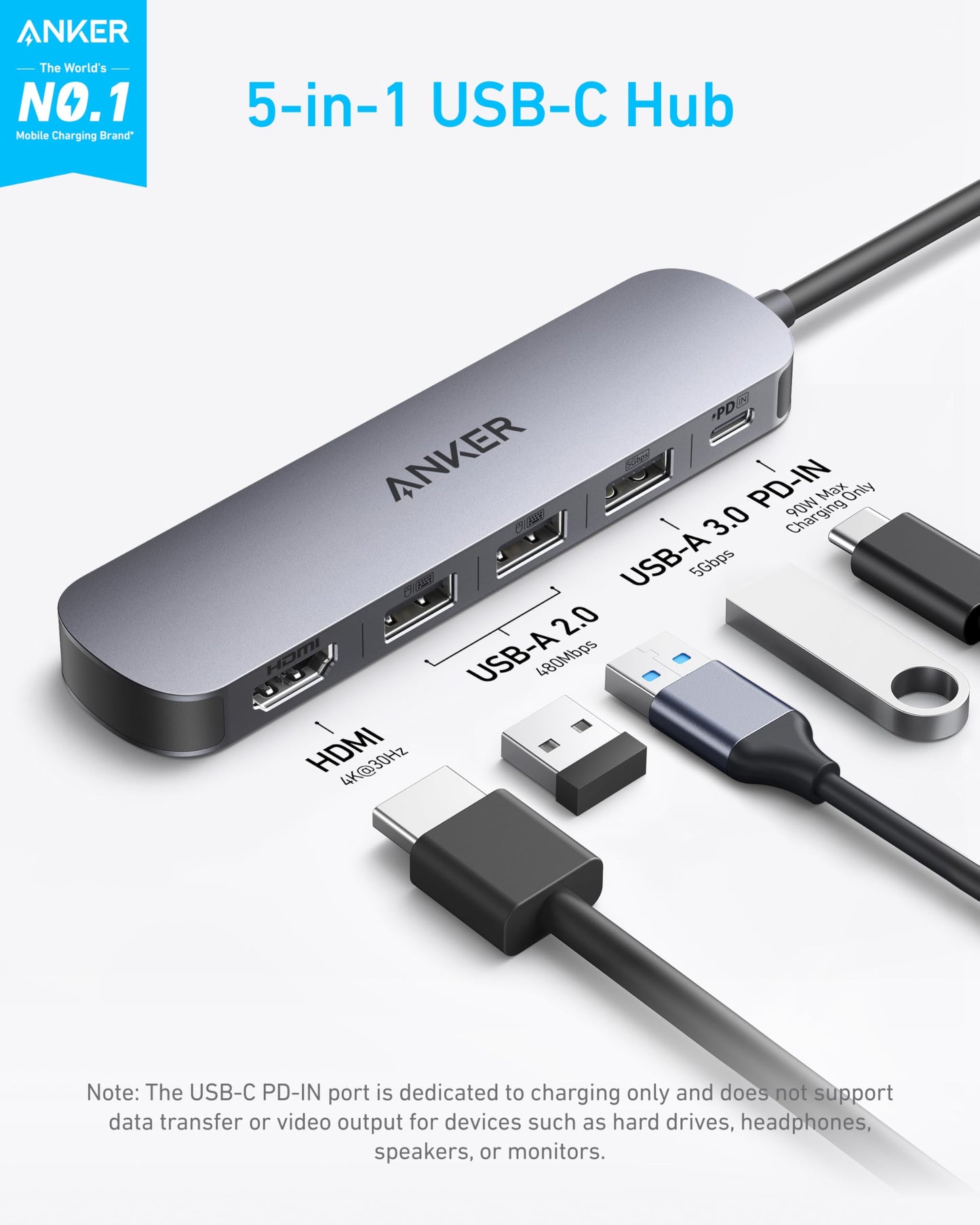Hub USB-C Anker Plata con HDMI 4K 5 en 1