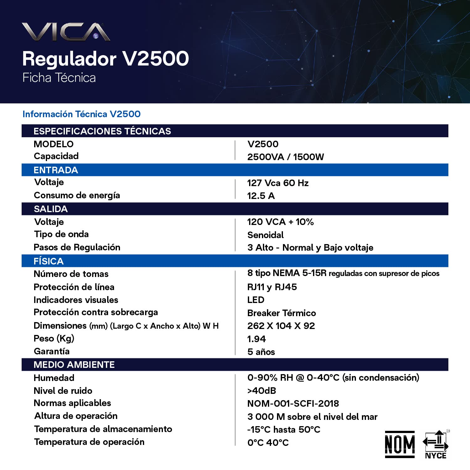 Regulador Electrónico de Voltaje VICA V2500 Negro con Supresor de Picos y Puertos RJ11 RJ45 2500 VA 1500 W