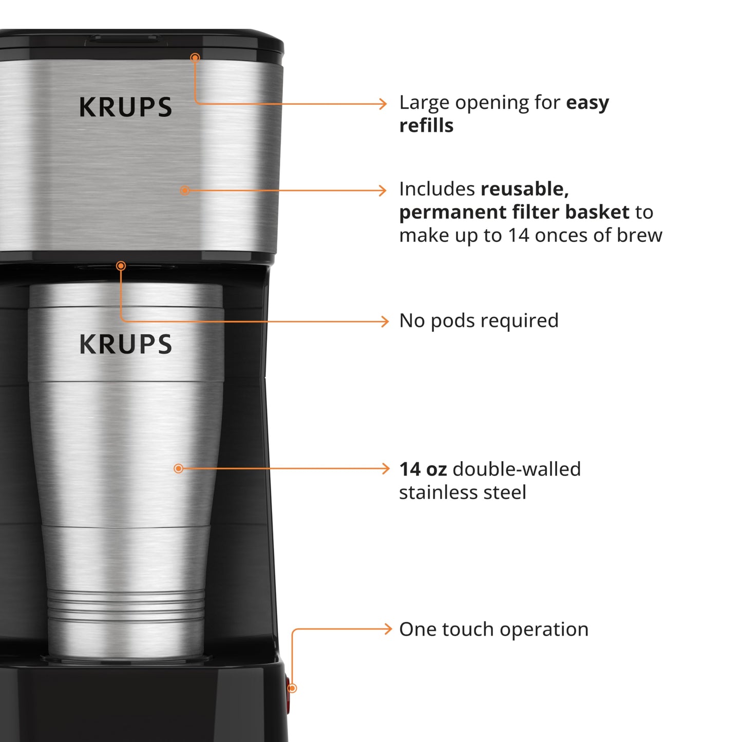 KRUPS Cafetera Personal To Go, tu café en cualquier lugar en todo momento, ideal para uso personal con termo portátil, capacidad 400 ml,KM206D50